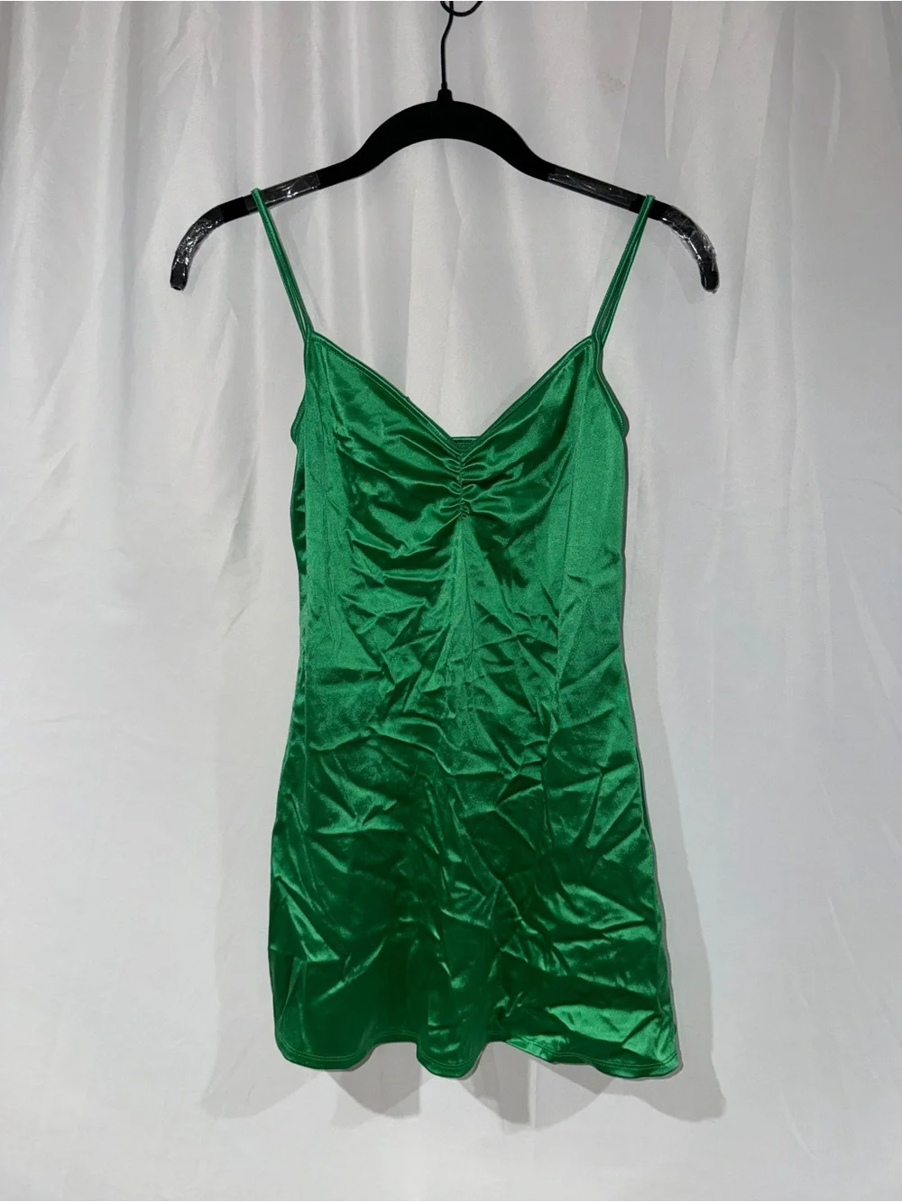 Victoria’s Secret Emerald Dress Green Satin Slip V Neck Ruched Mini Made USA S